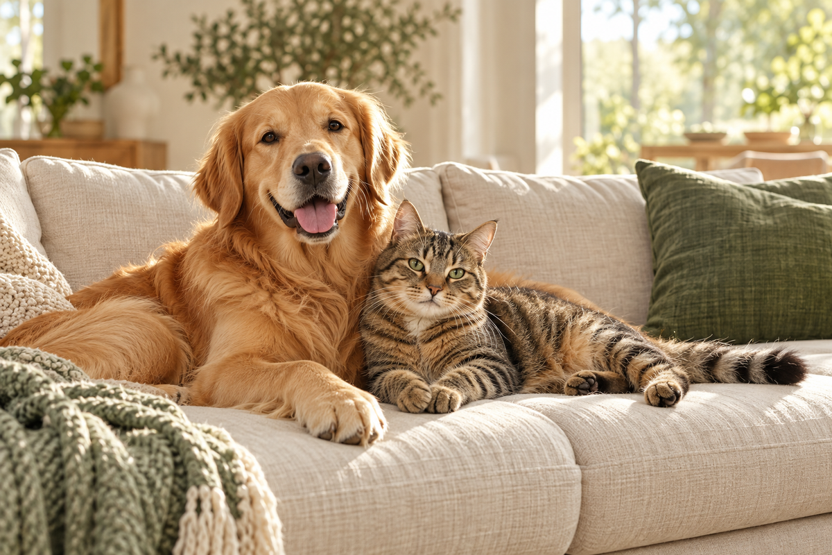A golden retriever and tabby cat relaxing together on a sofa